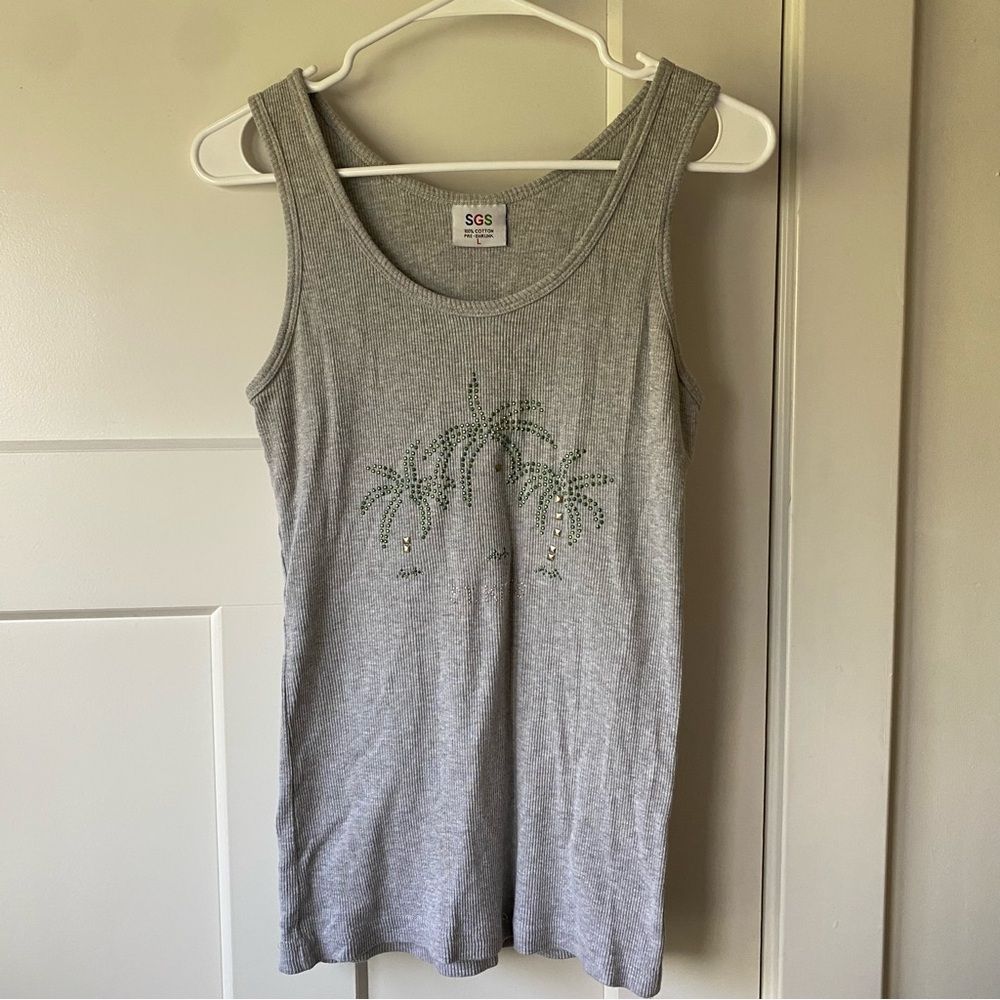 Grey Ribbed Graphic Tank Top - Studded, Y2K, Gems